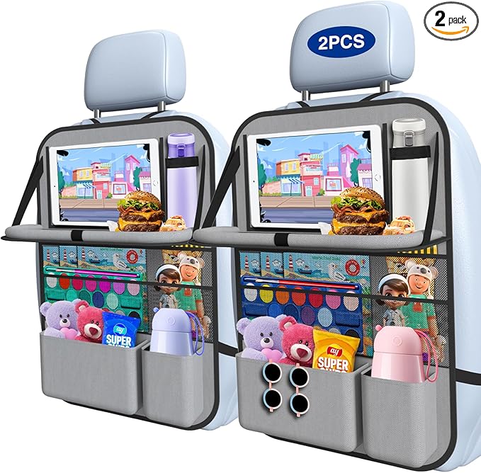 2PACK-Car Backseat Organizer with Touch Screen Tablet Holder,9 Storage Pockets Storage Organizer with Foldable Food Tray, Protector Kick Mats for Kids, Travel Accessories Organizer (Grey)