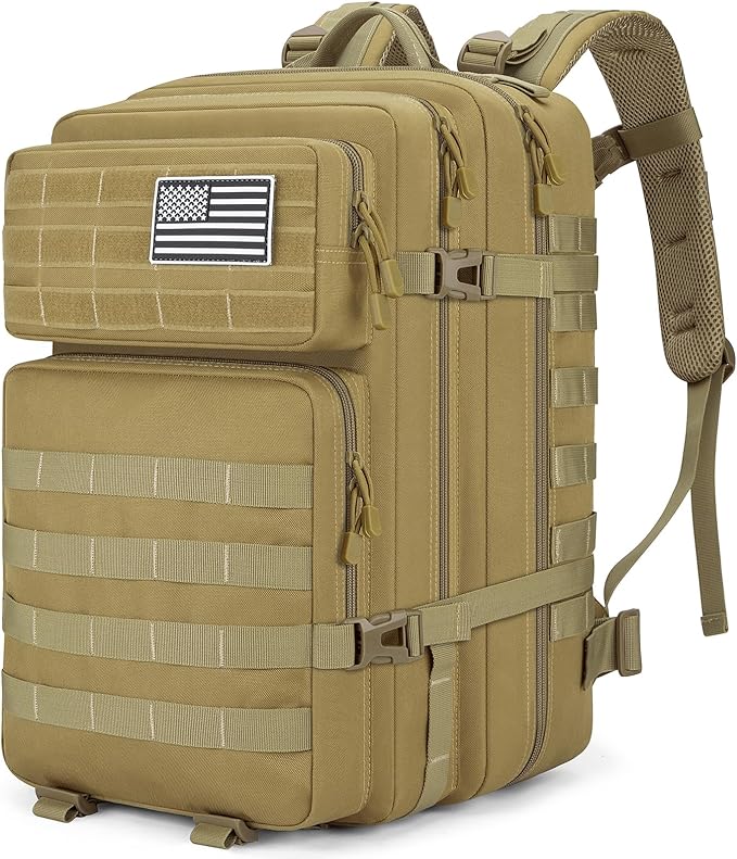 Tactical Backpack 45L Military Rucksack, Water Resistant MOLLE Assault Pack, Large 3 Day Bug Out Bag for Men & Women, Durable Outdoor Gear for Hiking, Camping, Hunting, Travel (Khaki)