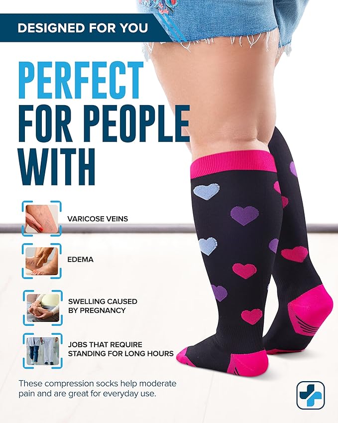 Doctor's Select 3 Pairs Plus Size Compression Socks Wide Calf - Up to 6XL | 20-30 mmHg Wide Calf Compression Socks Women for Nursing, Traveling, Running