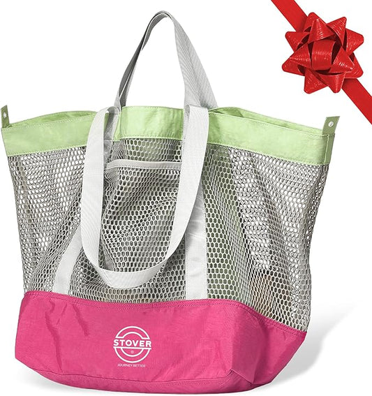 STOVER Large Mesh Beach Bag, Vacation, Pool, Shopping, & Travel Tote - Foldable w/Storage Pockets for Women, Men & Families