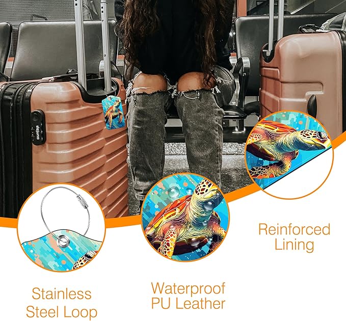 Sea Turtle Luggage Tag for Suitcase 2 Pack Leather Luggage Tag with Privacy Flap Name ID Label and Metal Loop for Women Men Travel