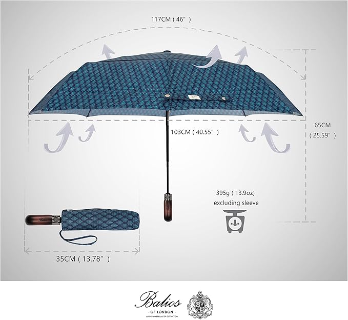 Balios Travel Folding Umbrella with Real Wood Handle Auto Open Close Vented Windproof Canopy - Designed in UK