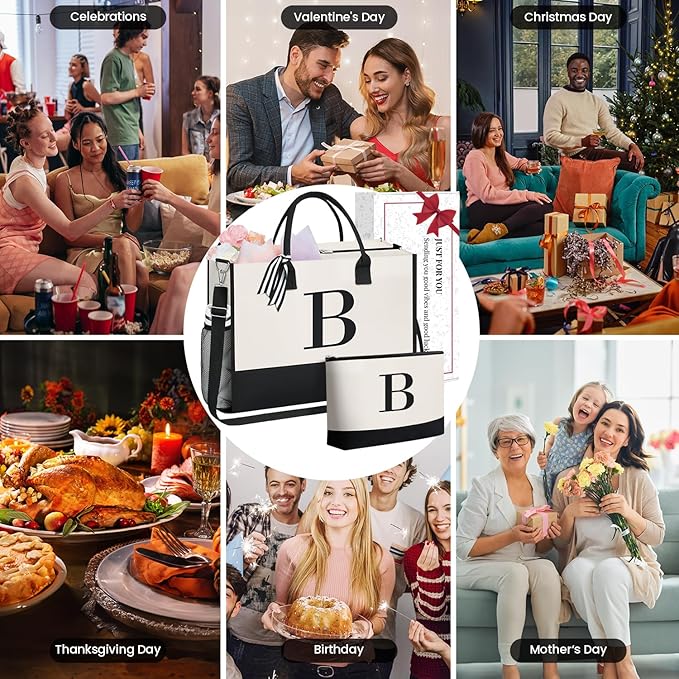 BAGAIL Initial Tote Bag, Personalized Birthday Gifts for Women, Teacher, Friends, Mom, Wedding, Monogrammed Beach Bag