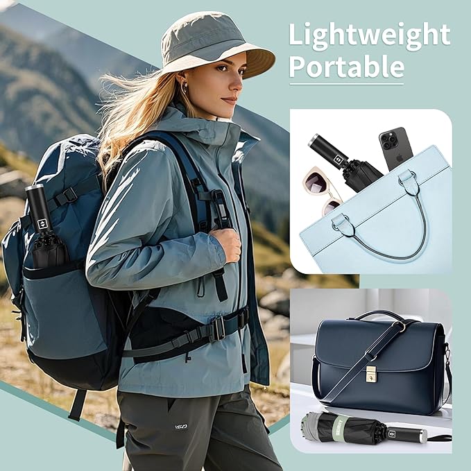 Seniny Travel Umbrella with Carabiner Handle, Windproof Large Umbrellas for Rain with Dual-Rib Structure, Portable Compact Umbrella with Reflective Strip, Car Backpack UV Umbrellas for Sun Protection