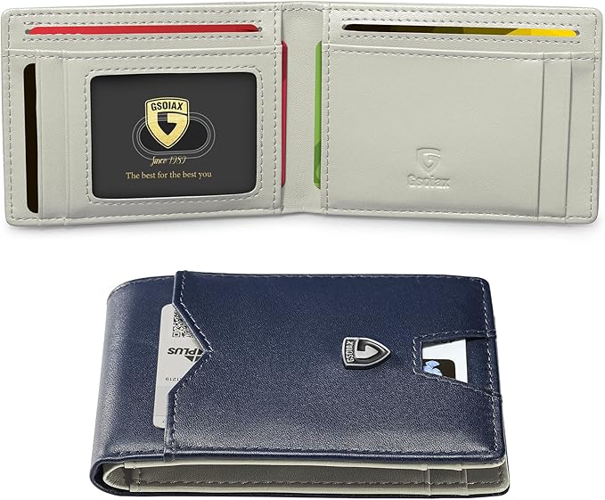 GSOIAX Mens Slim Wallet for Men Minimalist Genuine Leather Carbon Fiber Rfid Blocking Bifold Credit Card Holder With Gift Box (Dark Blue and Beige)
