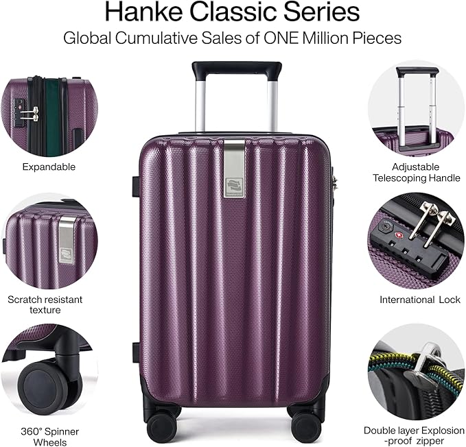 Hanke 20 Inch Expandable Carry on Luggage 22x14x9 Airline Approved Lightweight PC Hard Shell Suitcases with Wheels Tsa Luggage Rolling Suitcase Travel Luggage Bag for Weekender(Purple)