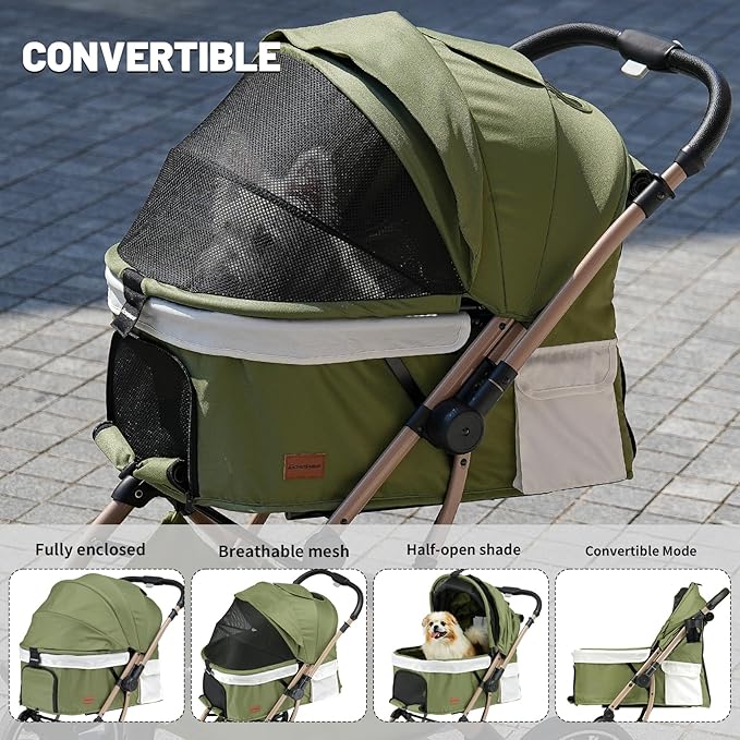 EchoSmile Small Medium Dogs Stroller 4-Wheel Pet Strollers for Medium Dogs Up to 50lbs, One Click Folding Large Cat Stroller, Reversible Handle, Shock Absorbing Wheels, Removable Washable Pad, Green