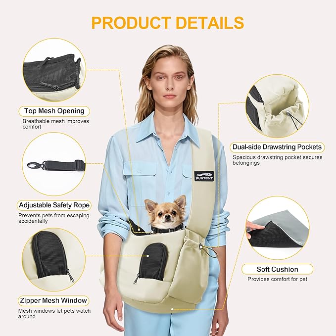 Dog Carrier Sling for Small Dogs & Cats Hand-Free Puppy Sling Purses with Storage Bag and Adjustable Shoulder Strap, Pet Sling Carrier Up to 8.8 Lbs (Yellow)