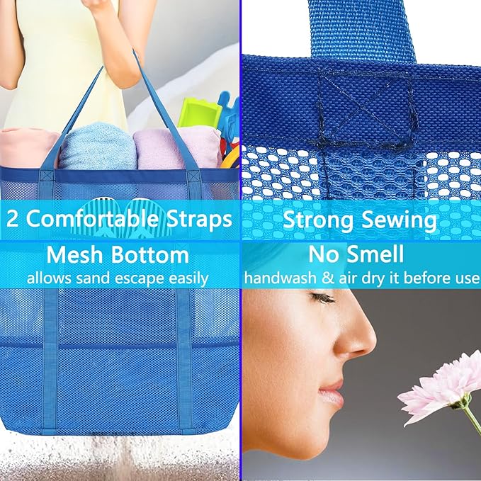 Mesh Beach Bag, Large Beach Tote with Zipper Pocket for Family Pool Bag for Toys & Vacation Essentials