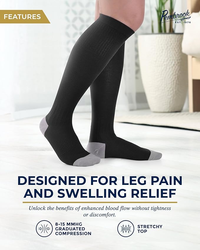 Pembrook Bamboo Viscose Light Compression Socks - 3 Pairs | 8-15 mmhg Compression Socks | Knee High Comfort Support Socks