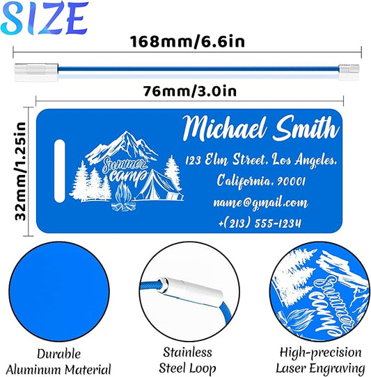 4 PCS Personalized Luggage Tags for Suitcase, Custom Engraved Aluminum Luggage Tags with Your Personalized Text Logo, Metal Name Tags with Steel Loop for Bag, Suitcase, Backpack (Blue, Small)