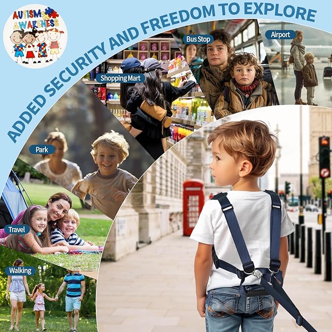 JXM Safety Harness for Active Childs with Quick Grab Handle, Teens Youth Secure Walking Harness with Autism Awareness and Pouch, Adjustable Tether Leash for Autism ADHD Special Needs Child Kids