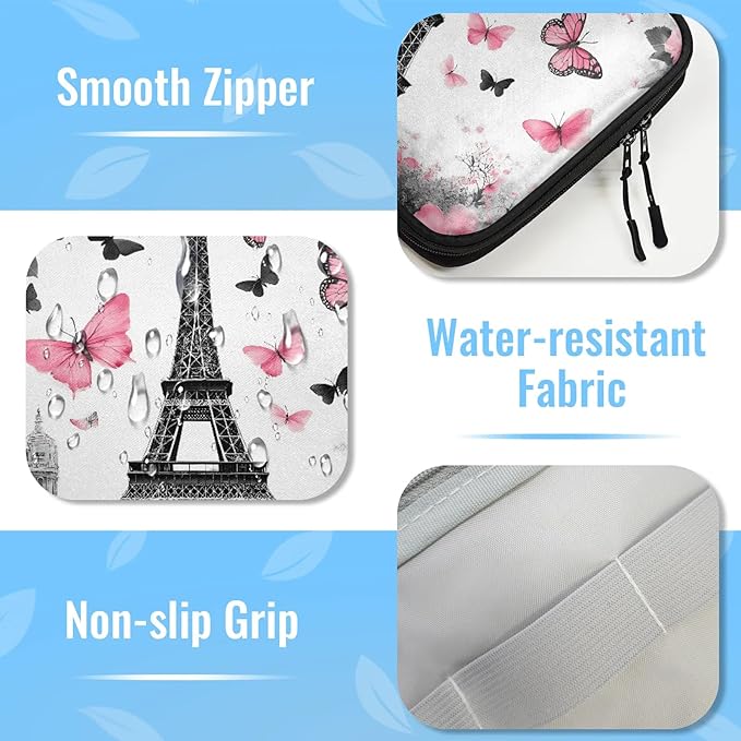 Paris Eiffel Tower Travel Cable Organizer Pouch Pink Butterfly Rose Electronics Accessories Carry Case Portable Water Resistant Storage Bag for Cord Charger Phone Earphone SD Card