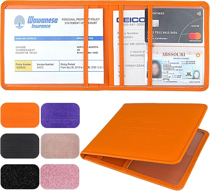 Car Registration and Insurance Holder, Leather Registration and Insurance Card Holder, Vehicle Glove Box Organizer - For Documents, Cards, License (Orange)
