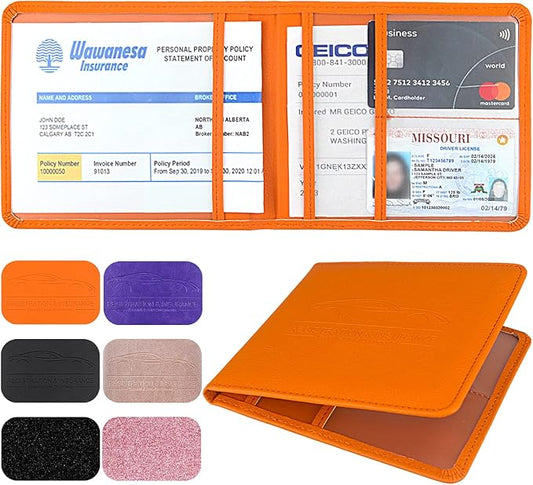 Car Registration and Insurance Holder, Leather Registration and Insurance Card Holder, Vehicle Glove Box Organizer - For Documents, Cards, License (Orange)
