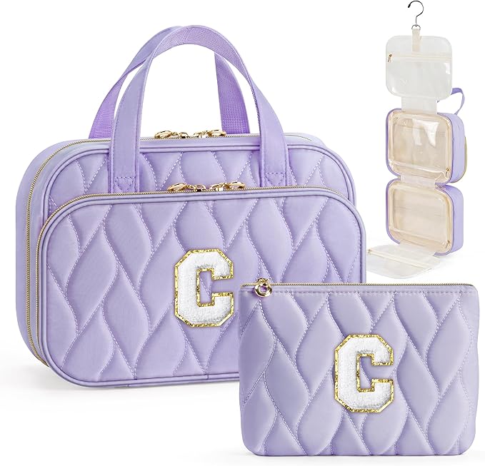 YOOLIFE Teen Girl Gifts Trendy Stuff - Birthday Gifts for 7 8 9 10 11 12 13 14 15 16 17 18 Year Old Teen Girls, Hanging Toiletry Bag Initial Makeup Bag Purple - C