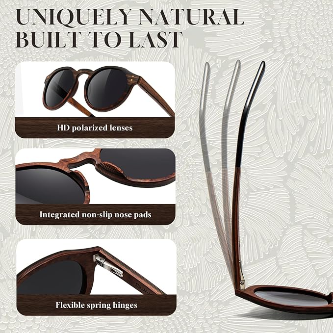 SUNGAIT Black Oak & Dark Ebony Wood Sunglasses Womens Polarized Round UV400 Protection Retro Vintage Gift-ready Case Included
