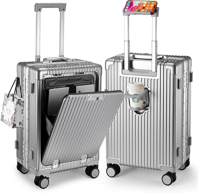 MRPLUM Front Pocket Carry On Luggage,PC Hardside Spinner Wheel Suitcase with TSA Lock,Cup Holder,Phone Holder&USB Charging Port,Silver(1 Piece)