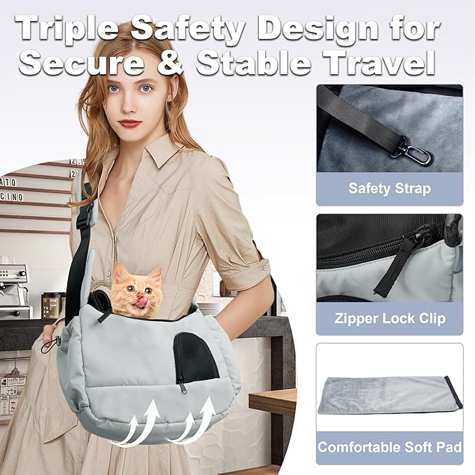 Dog Sling, Dog Carriers for Small Dogs up to 7 lbs Kitten and Puppy, Breathable Cat Carrier Sling Pet Purse with Pockets, Hands-Free Pet Carrier with Safety Harness for Travel, Gray