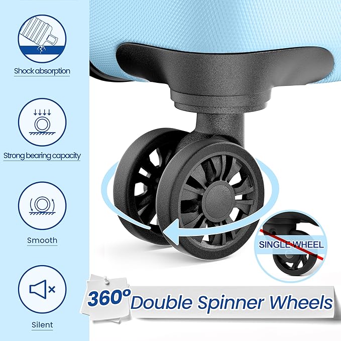 AnyZip Luggage Sets 3 Piece Hardshell Suitcase Set PC ABS Lightweight Travel Suitcases with 4 Double Spinner Wheels TSA Lock 20 24 28 Inch Light Blue