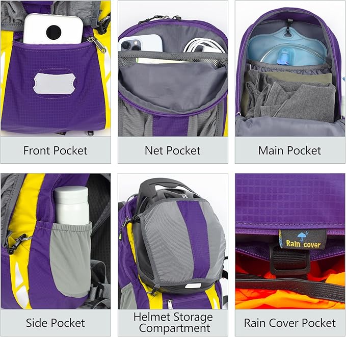 Bike Backpack With Rain-Cover, Mountain Biking Backpacks, Lightweight Packable Daypack Waterproof For Travel, Small Backpack For Bicycle Riding,Hiking,Camping (Purple)