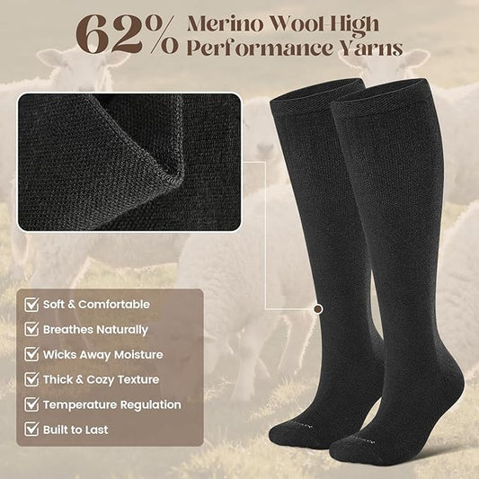 LEVSOX Thick Merino Wool Compression Socks for Women and Men 20-30mmHg Knee High Support Socks for Flying Nurses Pregnancy