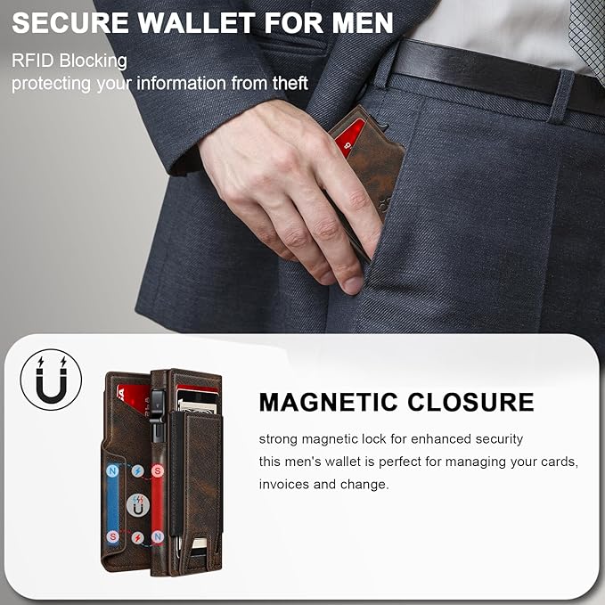 Wallet for Men Wallet with Slim Pop Up Card Holder 9-13 Cards, Bifold Minimalist Smart Wallet RFID Blocking Credit Card Holder with ID Window & Stretchable Cash Slot Compact Metal Aluminum Card Case