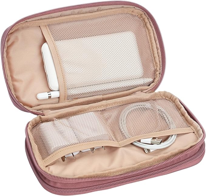 NISHEL Travel Cord Organizer Case, Double Layers Tech Electronic Bag, Essentials for Charger, Cable, Phone, Flash drive, Medium, Rose-wood Pink