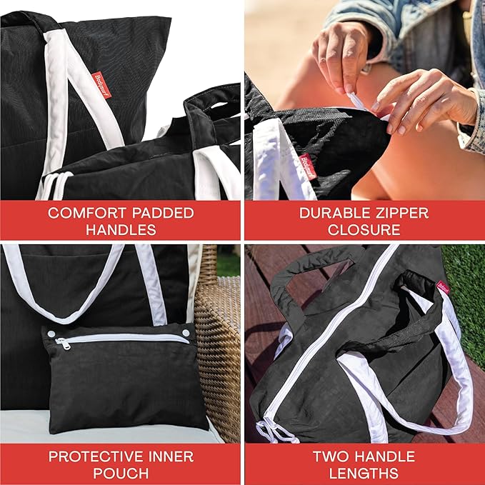 Bodysurf Beach Bags Waterproof Sandproof - Packable Foldable Nylon Zipper Tote Bag for Travel Lightweight, Pool, Boat, Cruise
