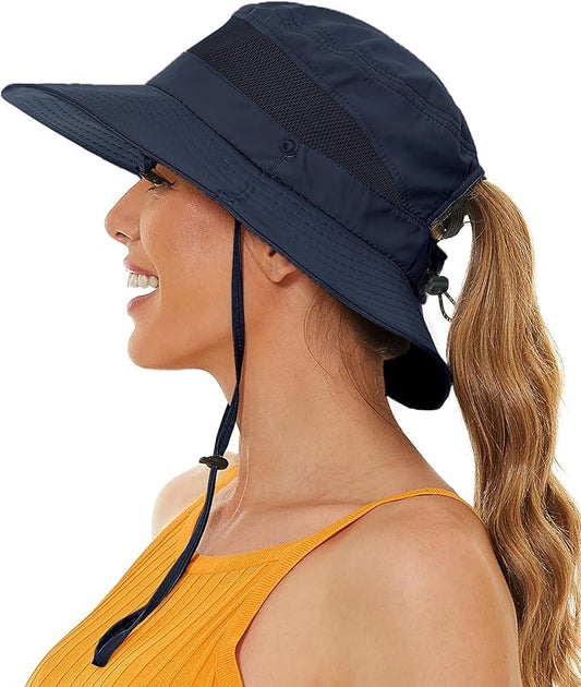 Sun Bucket Beach Hats for Women with Ponytail Hole,Sun Protection UV UPF50+ Waterproof Fishing Safari Hiking Hat