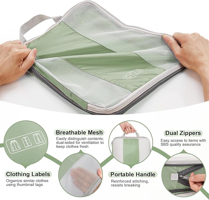 10 Set Compression Packing Cubes for Travel Essentials,Compressible Expandable Packing Cubes for Suitcase,OlarHike Luggage Organizer Bags for Travel,Handy Helper for Organizing Clothes(Matcha Green)