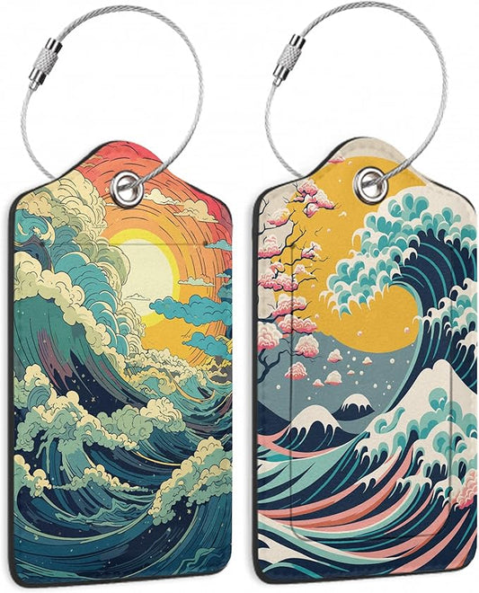2 Pack Luggage Tag for Suitcase, Waves Sunrise Leather Bag Tags Identifiers Privacy Cover ID Label with Durable Steel Loop for Women Men Kids Girls Travel