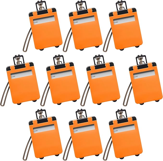 10 Mini Carry-on Luggage Tags Pack - Flip Open Cover, ID Sticker - Orange