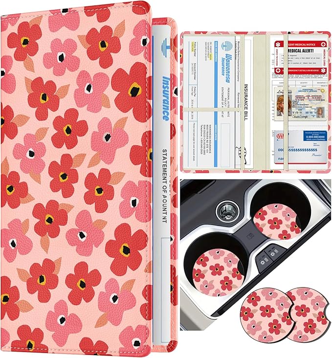 Slohif Car Registration and Insurance Card Holder - Floral Vehicle Glove Box Organizer Women with Magnetic Shut Leather Automobile License Holders Coasters Auto Accessories Case for Document
