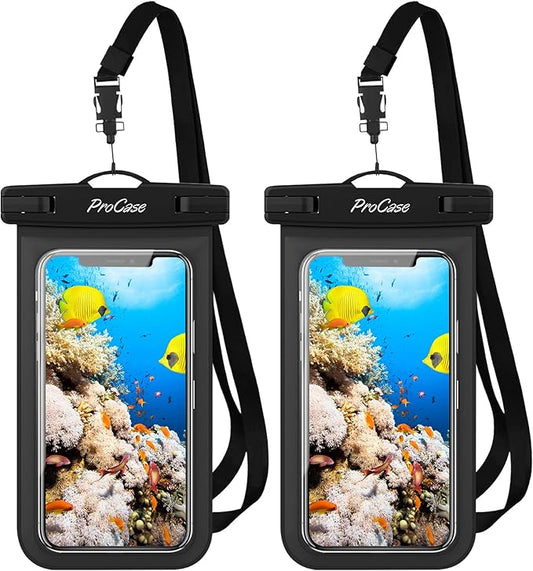 ProCase 2 Pack Waterproof Phone Pouch Case, 7" Universal Underwater Cellphone Dry Bag for iPhone 17 Air 16 15 14 13 Pro Plus Max 12 11, Galaxy S24 S23 S22 Ultra Pixel -Black