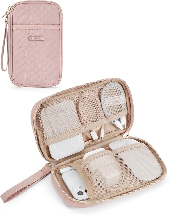 BAGSMART Cord Organizer Travel Cable Organizer Bag Tech Electronic Organizer Travel Case, Travel Essentials for Charger, Cable, Phone, Flash drive, Single Layer - Pink