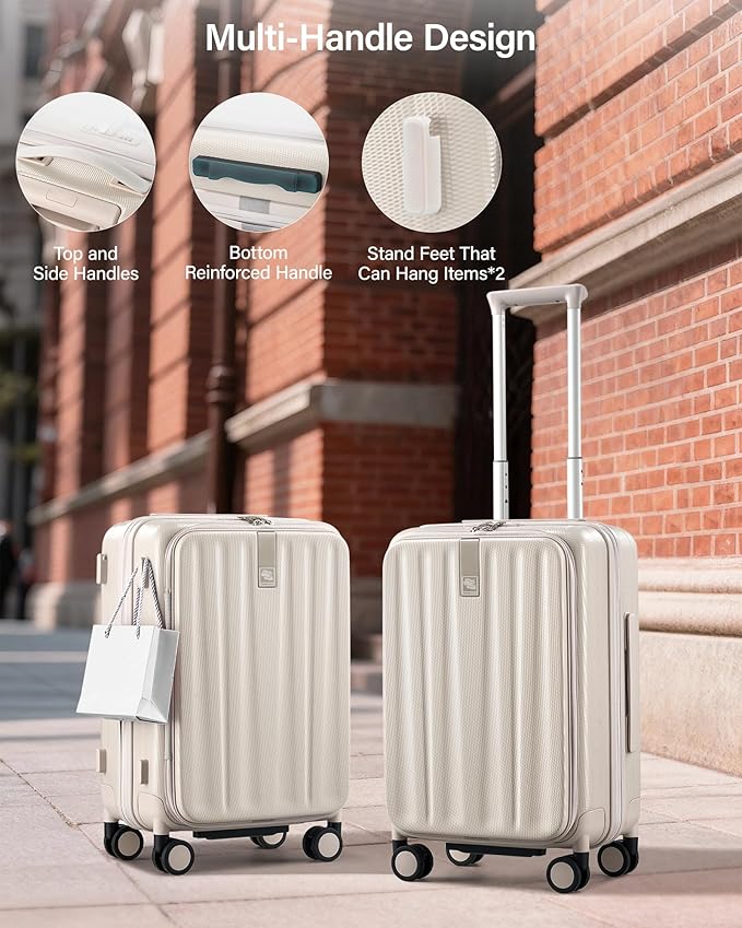 Hanke 20 Inch Expandable Carry On Luggage Airline Approved Top Opening Hard Shell Suitcases with Wheels Lightweight Travel Luggage Carry On Suitcase for Woman Men-Ivory White