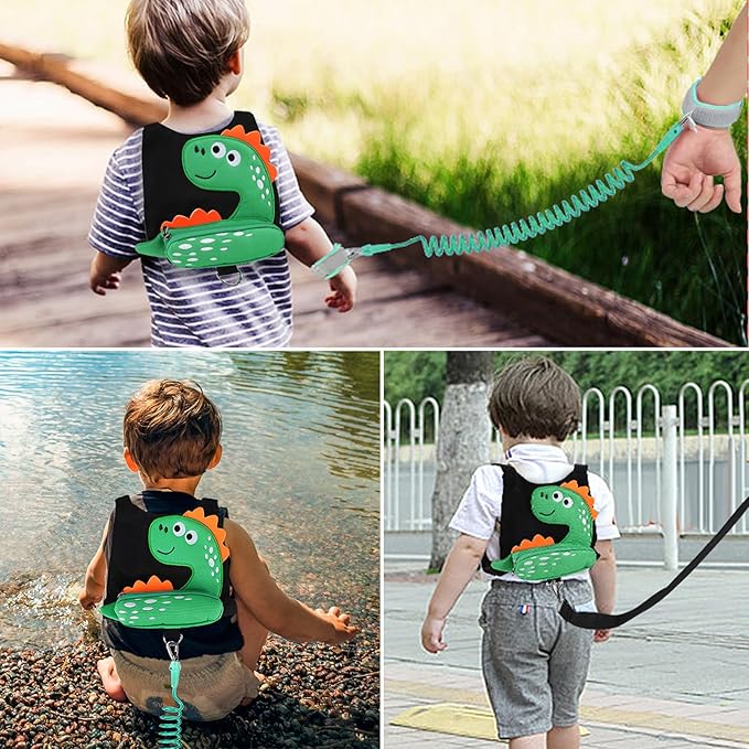 3 in 1 Toddler Harness Leash + Baby Anti Lost Wrist Link, Accmor Cute Dinosaur Child Safety Harness Tether, Kids Walking Wristband Assistant Strap Belt for Parent Boys Outdoor Activity (Black)