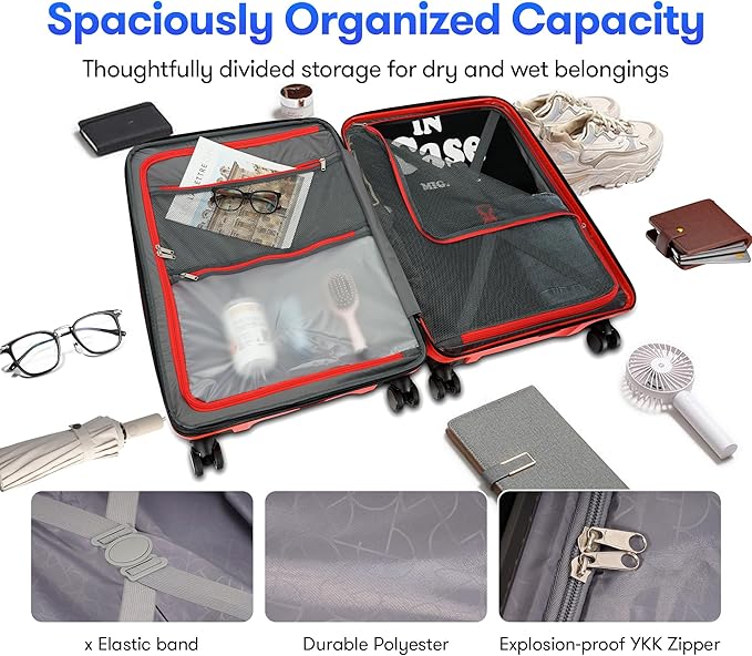 GinzaTravel 25 Inch Medium Checked Luggage Lightweight Suitcase with Spinner Wheels TSA Lock, Red