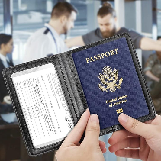 Eoehro Passport and Vaccine Card Holder Combo, Faux Leather, Compact, Lightweight, Waterproof, AA-Black