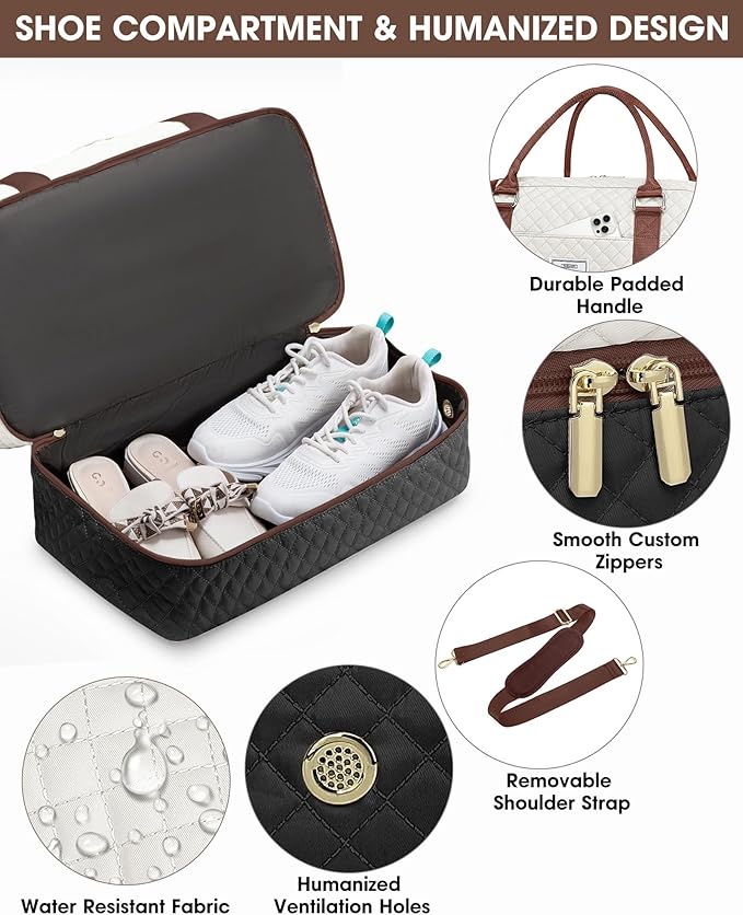 Travel Duffle Bags for Women - Overnight Weekender Bags With Toiletry Bag Carry On Duffel Bags with Shoe Compartment Hospital Bag with Wet Pocket for Labor Delivery Black Brown