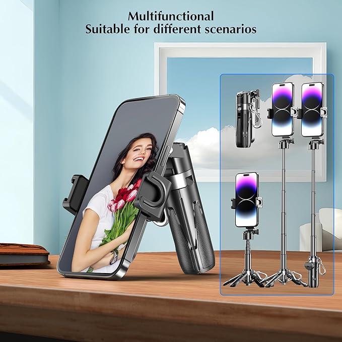 Mini Selfie Stick Tripod, Extendable Grip Phone Tripod with Detachable Remote Pocket Size, 4-in-1 Mini Phone Grip, 10m Wireless Shutter, Vlog Livestreaming Photography （Black）