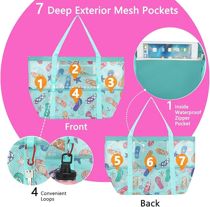 Mesh Beach Bag, Large Beach Tote with Zipper Pocket for Family Pool Bag for Toys & Vacation Essentials