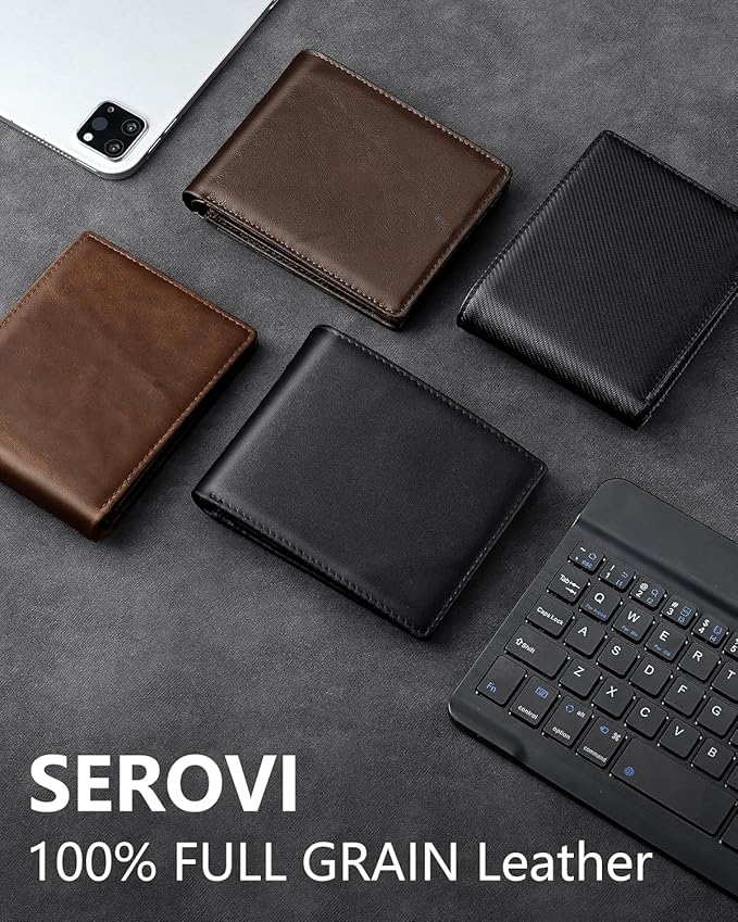 Mens Genuine Leather Bifold RFID Blocking Wallet with 14 Card Slots, ID Window & 2 Cash Pocket - Includes Gift Box