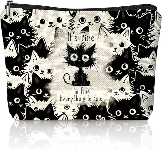 Funny Cat Makeup Bag for Women & Teen Girls, It's Fine I'm Fine Everything Fine Travel Pouches for Toiletries, Kitty Cosmetic Zipper Travel Toiletry Bag, Cute Black Cat Gifts for Cats Gifts Lovers