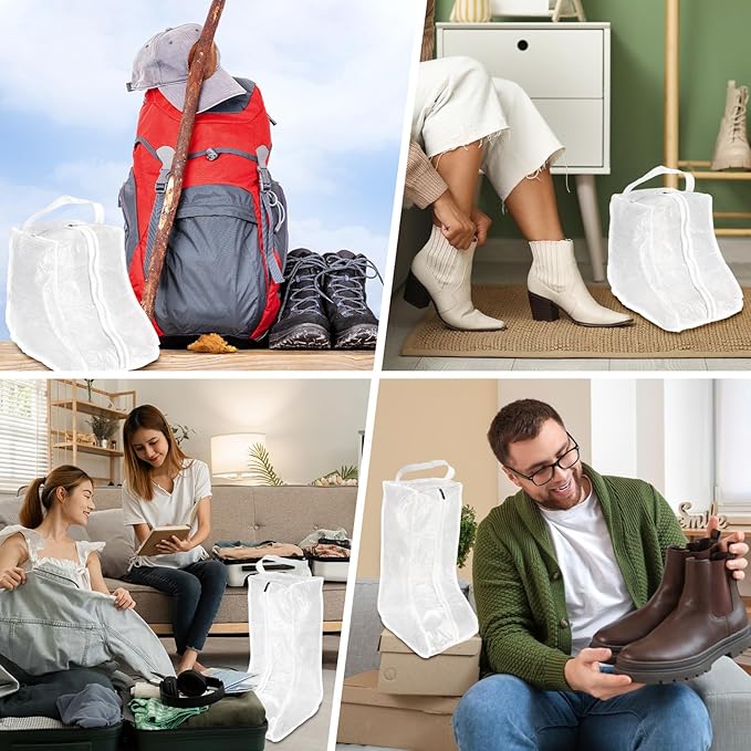 Boot Storage Bags [4PCS] - Plastic Tall Short Boot Carry Bags Clear Shoe Bags with Handle for Travel & Daily Use - [White] Waterproof & DustProof Boot Bags for Cowboy Boots