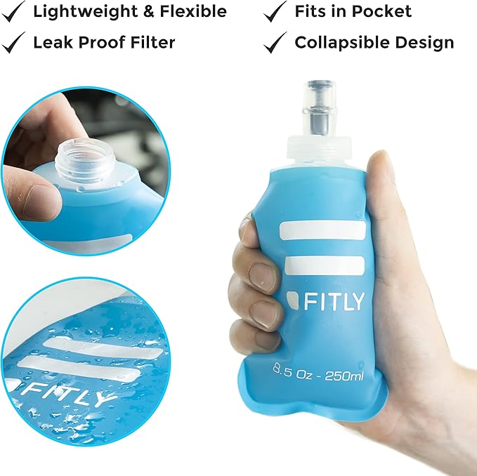 FITLY Soft Flask - Shrink As You Drink Soft Water Bottle for Hydration Pack - Folding Water Bottle Ideal for Running, Hiking, Cycling, Climbing & Rigorous Activity