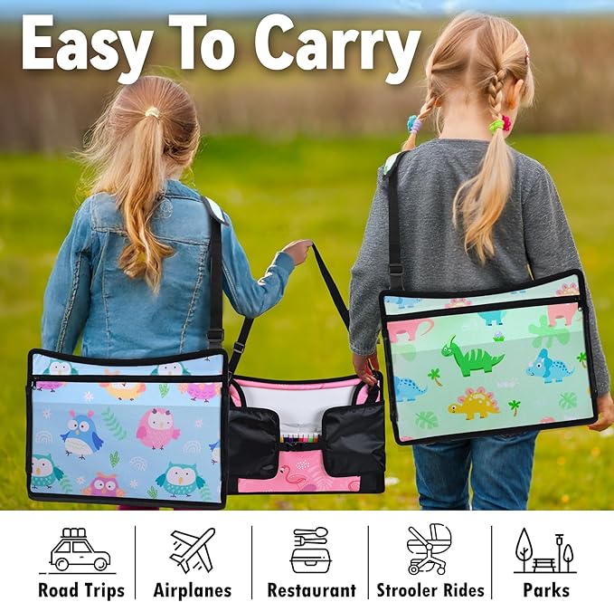 WENRENER Kids Travel Tray, 3PCS Car Seat Tray for kids Travel, Toddler Road Trip Essentials With Drawing Kit, Toddler Lap Desk Organizer for Car, Carseat Table for Airplane