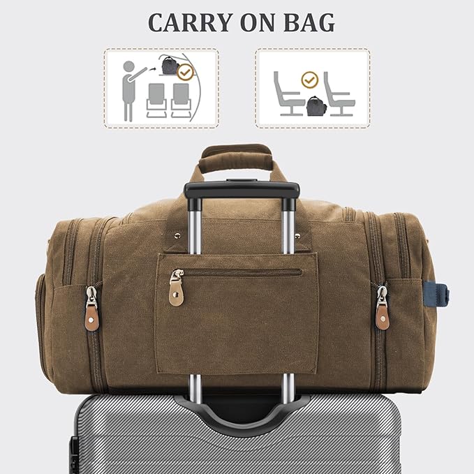 Gonex Canvas Duffle Bag 60L Travel Duffel Overnight Weekend Bag with Shoe Compartment (Coffee)