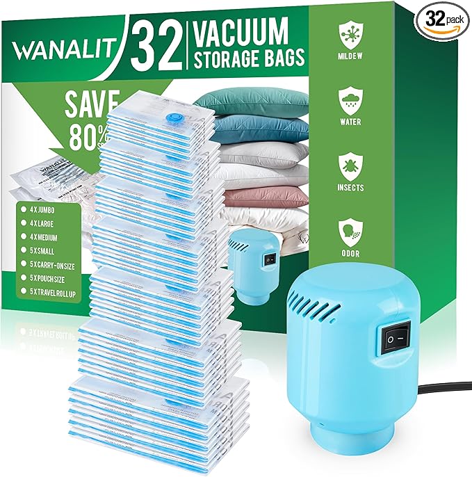 Vacuum Storage Bags with Electric Pump, New Air Valve Combo 32 Pack Vacuum Space Saver Bag, Vacuum Sealer Bags for Clothes, Clothing, Pillows, Comforters, Blankets, Quilt, Travel, Two Compressing Ways